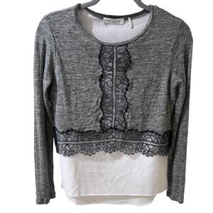 Sandro Paris Lace Linen Heathered Grey Long Sleeve Top Feminine Parisian Chic, S